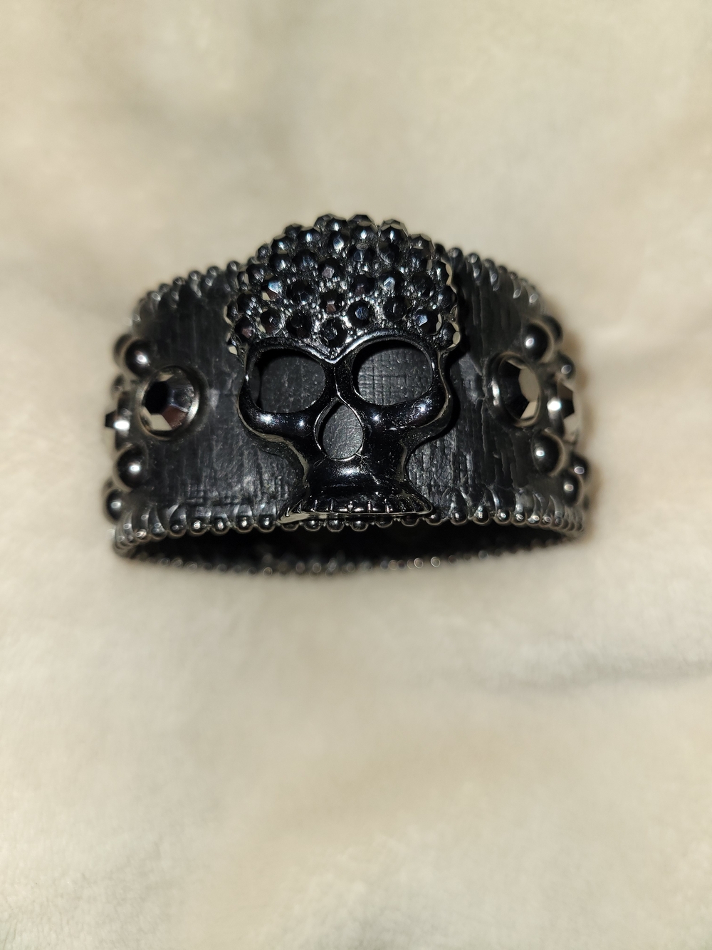 Genuine Leather Black Rhinestone Skull Studded Cuff Bracelet Goth Biker
